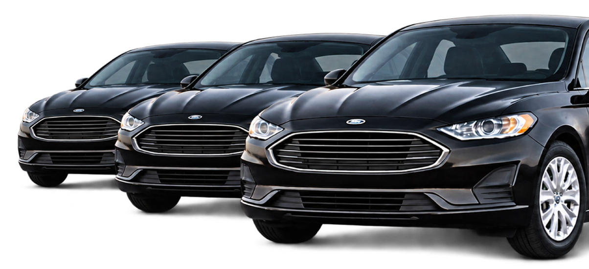 Three black cars parked in front of each other, with a white background
